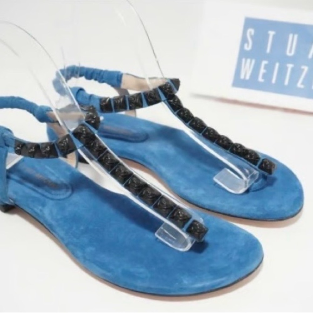 Stuart Weitzman Esme Thong Rose Studded Flat Sandal Blue Suede US 4.5